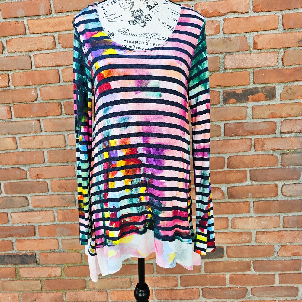 New Desigual Watercolor Stripe Scoop Neck Tunic Top L 100% Viscose
